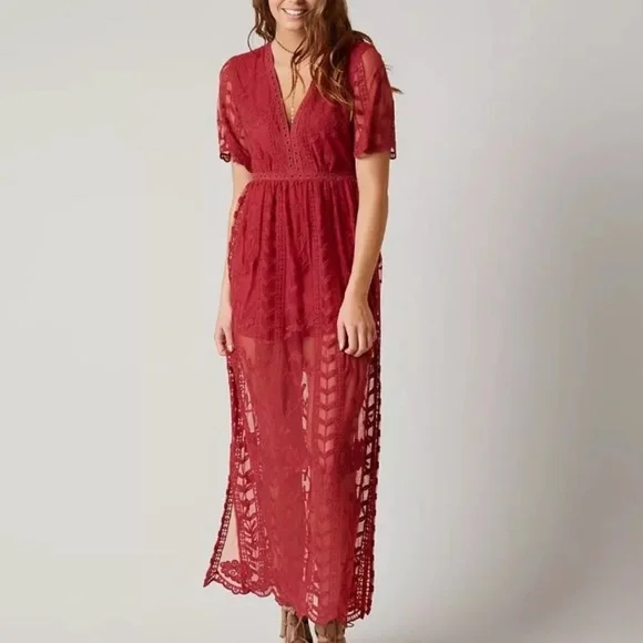 Dresses | Eleter Red Vneck Lace Overlay Romper Dress | Poshmark